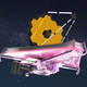 Rendering shows the Webb telescope with hexagonal mirrors and stars in the background.